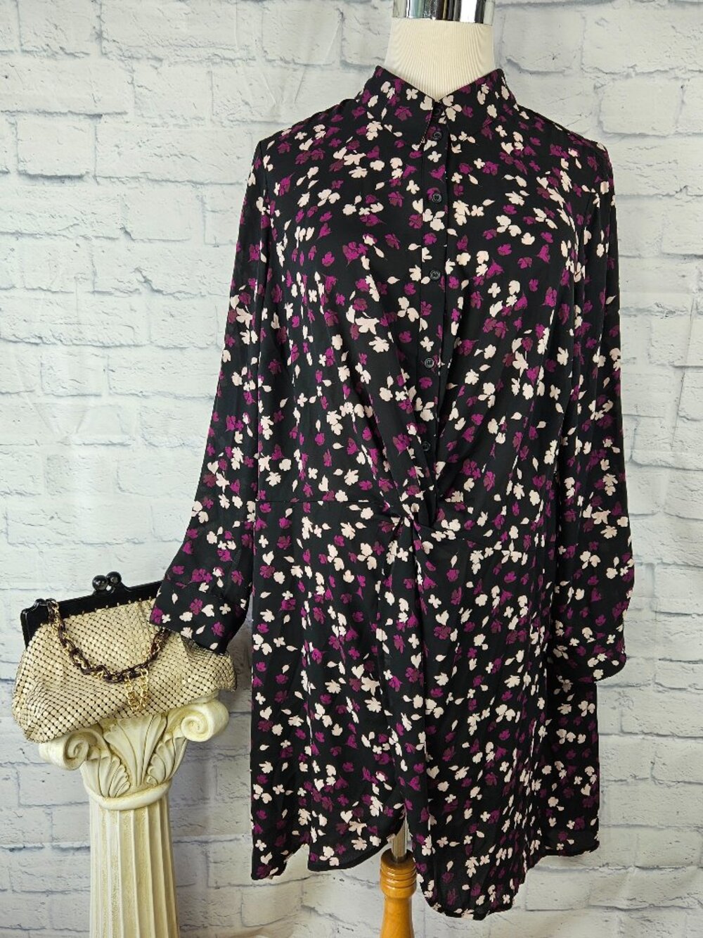 NWT Lane Bryant Plus Size 26 Black Pink Purple Floral Print Long Sleeve Dress